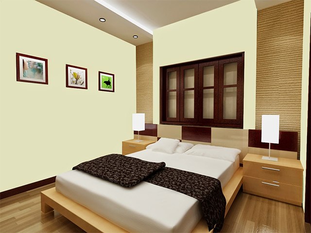 Mẫu 4: Màu kem kết hợp với đồ nội thất gỗ màu vàng tạo cảm giác nhẹ nhàng và gần gũi