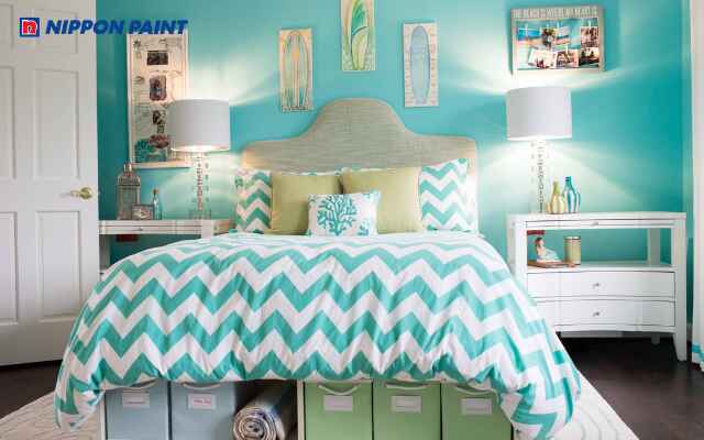 Mẫu 8: Phòng ngủ màu xanh ngọc kết hợp nội thất gỗ sáng tạo cảm giác mát mẻ và dễ chịu