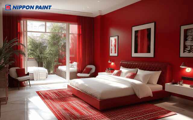 Mẫu 27: Phòng ngủ tường sơn màu đỏ kết hợp trắng giúp không gian vừa ấm áp vừa tinh tế