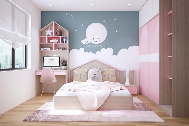 Phòng ngủ bé gái sẽ trở nên tuyệt đẹp với màu sơn đầy màu sắc. Những mảng tường màu sắc sẽ giúp bé thỏa sức sáng tạo và nghỉ ngơi trong một không gian đáng yêu.