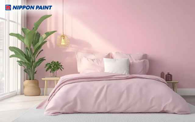 Phòng ngủ hồng phấn với rèm, chăn ga cùng tông mang đến tổng thể hài hòa, dễ chịu