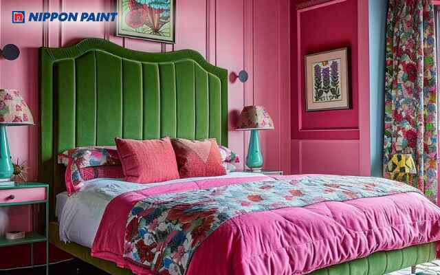Mẫu thiết kế phòng ngủ hồng-xanh lá dành cho cô gái yêu thích sự trẻ trung, tươi mới