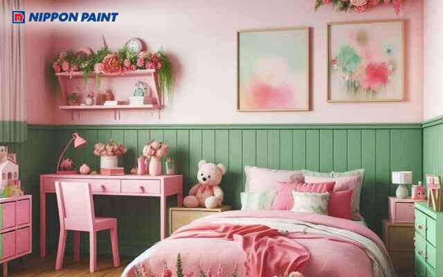 Phòng ngủ sơn màu hồng kết hợp xanh lá tạo không gian tươi mát, sinh động và nữ tính