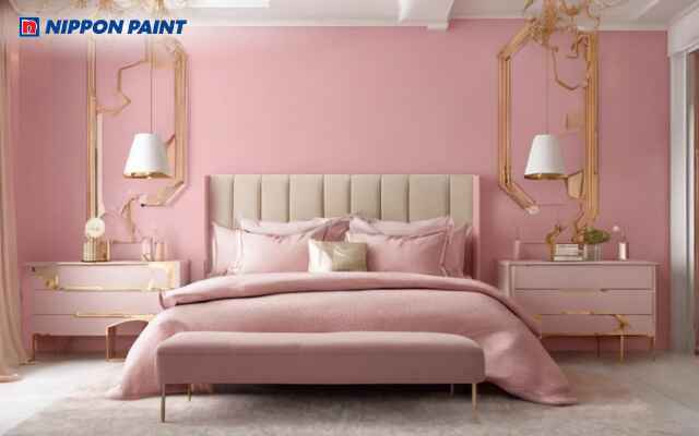 Mẫu phòng ngủ tone hồng đất với điểm nhấn chăn gối và đèn ngủ tạo cảm giác êm dịu