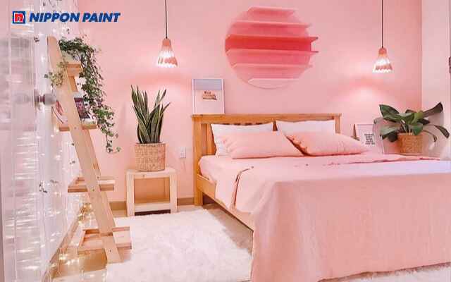 Phòng ngủ sơn màu hồng đào tạo không gian ngọt ngào và tinh tế, dễ phối nội thất