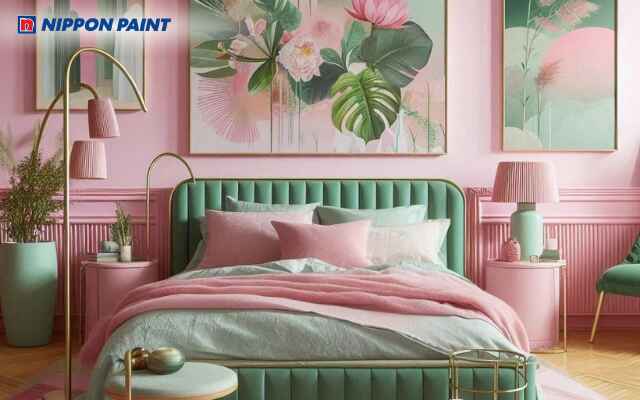 Phòng ngủ tone hồng và xanh lá tạo cảm giác gần gũi thiên nhiên, thư thái và dễ chịu