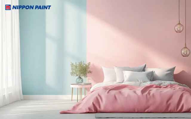 Mẫu phòng ngủ hồng-xanh dương kết hợp nội thất nhẹ nhàng tạo tổng thể sinh động, cân bằng