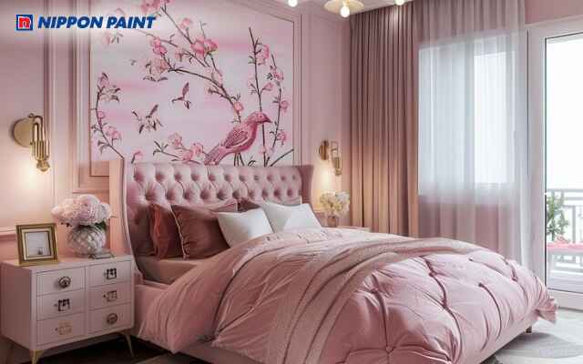 Phòng ngủ tân cổ điển màu hồng với chi tiết hoa văn tinh tế và không gian sang trọng