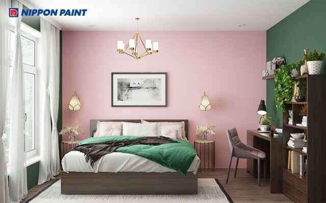 Mẫu phòng ngủ hồng-xanh lá phối nội thất nhẹ nhàng và cây xanh trang trí hài hòa