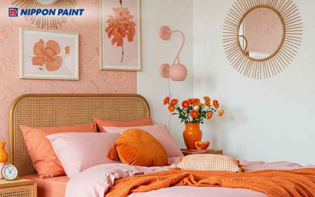 Phòng ngủ hồng cam phối hợp nội thất trắng tạo sự cân bằng màu sắc sinh động