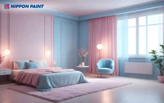 Phòng ngủ phối màu hồng và xanh dương tạo không gian tươi sáng, trẻ trung và năng động