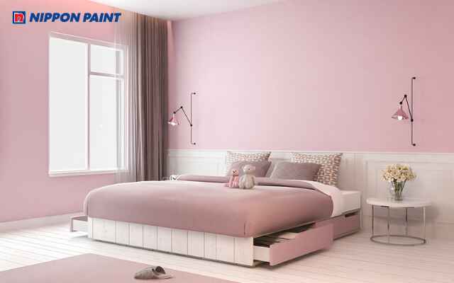 Phòng ngủ màu hồng phong cách tối giản với nội thất gọn gàng và không gian thanh thoát