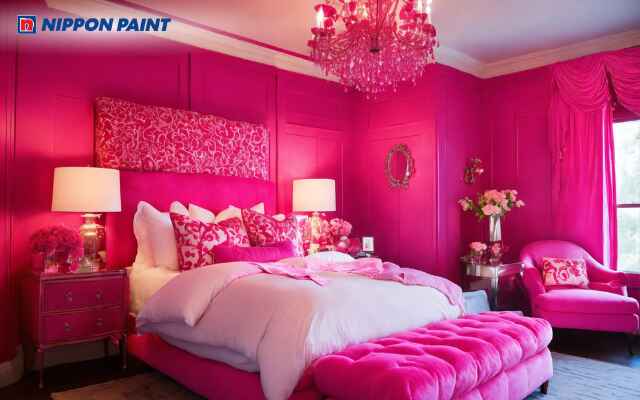 Mẫu phòng ngủ hồng đậm kết hợp ánh sáng tự nhiên tạo cảm giác ấm áp và mạnh mẽ