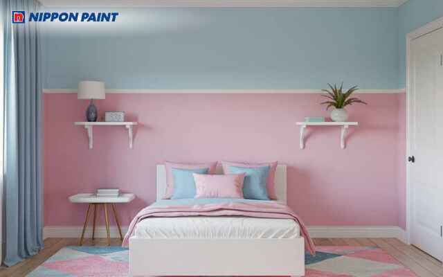 Phòng ngủ tone hồng kết hợp xanh dương làm nổi bật các điểm nhấn nội thất, sinh động