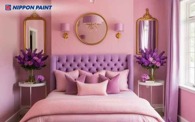 Phòng ngủ hồng tím trang trí ánh kim điểm xuyết làm nổi bật phong cách hiện đại