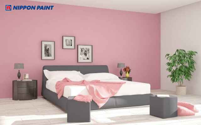 Phòng ngủ phối hồng và xám điểm nhấn nội thất tạo tổng thể hài hòa, cá tính