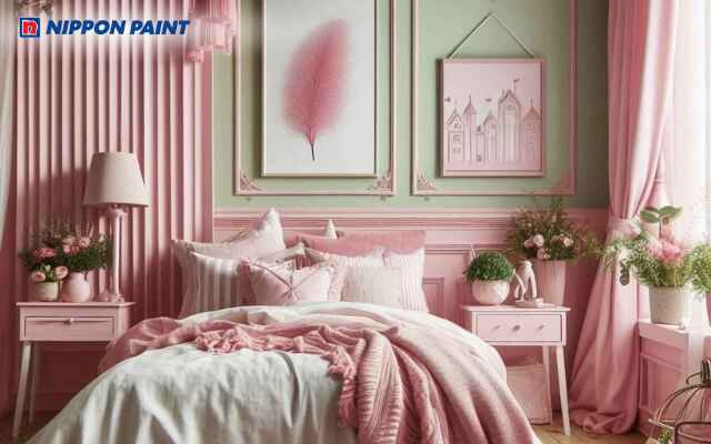 Phòng ngủ màu hồng phối xanh lá điểm nhấn nội thất và cây cảnh tạo tổng thể sống động