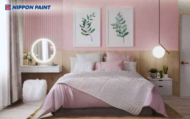 Mẫu phòng ngủ hồng-xám phối nội thất trắng và gỗ sáng mang không gian sang trọng