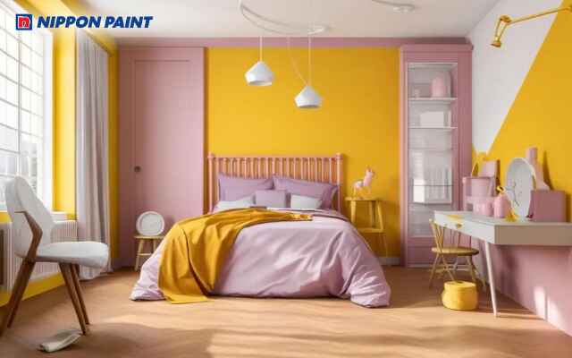 Mẫu thiết kế phòng ngủ hồng-vàng cho cô gái yêu thích không gian tươi sáng, cá tính