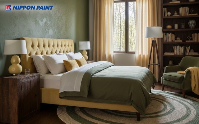 Sự kết hợp trầm ấm, gần gũi thiên nhiên, phù hợp cho phòng ngủ mệnh Mộc