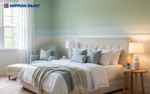 Phòng ngủ mệnh Mộc hiện đại, sắc xanh dịu nhẹ kết hợp gỗ tự nhiên hài hòa