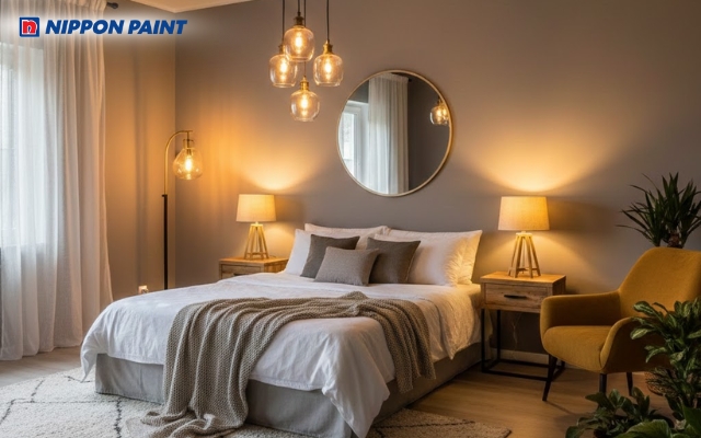 Sơn tường xám ấm Vintage dễ kết hợp ánh sáng vàng dịu, ấm áp