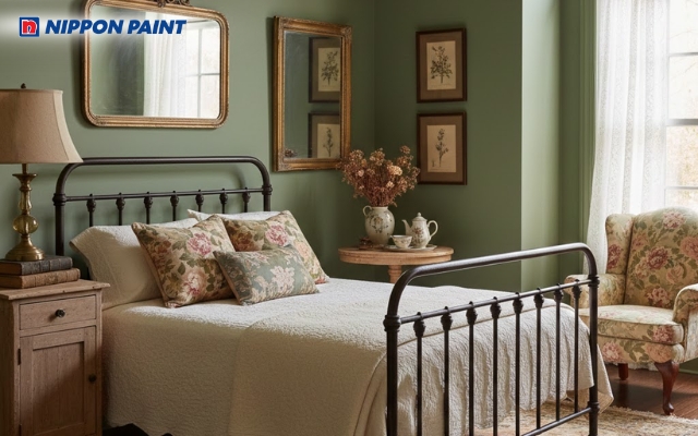 Gam xanh rêu tạo chiều sâu thị giác, giữ không gian nghỉ ngơi luôn thư thái