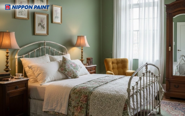 Xanh rêu Vintage mang nét trầm cổ điển, giúp phòng ngủ yên tĩnh và dễ chịu