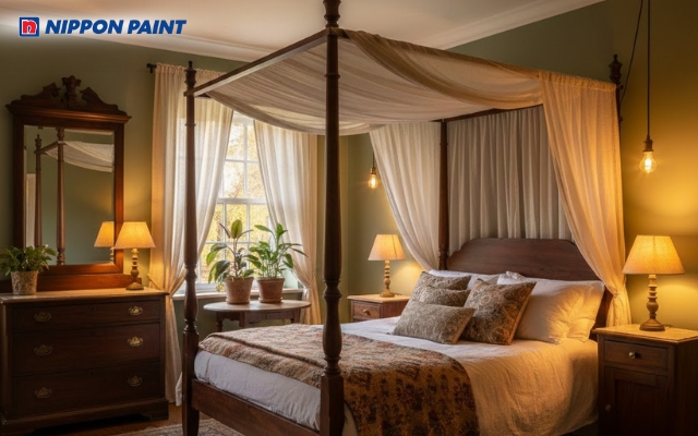 Sơn tường xanh rêu Vintage hài hòa cùng nội thất gỗ và ánh sáng vàng ấm