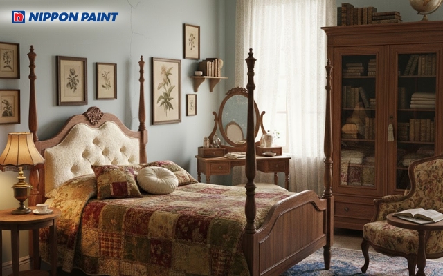 Màu sơn phòng ngủ Vintage nên chọn màu sắc hài hòa đồ nội thất gỗ