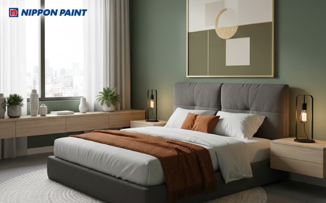 Xanh rêu Vintage cân bằng giữa cá tính và sự ấm áp cho phòng ngủ