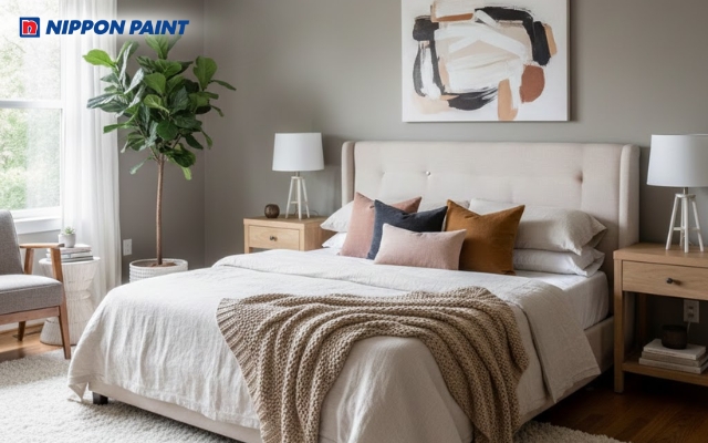 Xám ấm Vintage mang lại cảm giác trầm lắng, dịu nhẹ, giúp phòng ngủ thư giãn hơn mỗi ngày