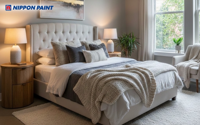 Sắc xám ấm cân bằng giữa mộc mạc và sang trọng, giữ phòng ngủ luôn ấm áp