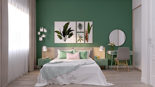 sơn phòng ngủ vợ chồng màu xanh lá