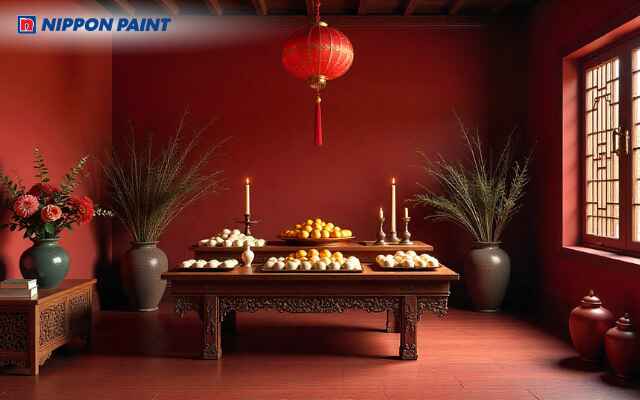 Mẫu 18: Không gian thờ màu đỏ đô may mắn, nổi bật nhưng vẫn hài hòa và thanh tịnh