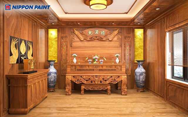 Mẫu 15: Phòng thờ màu nâu gỗ ấm cúng, hài hòa với nội thất gỗ và họa tiết cổ điển