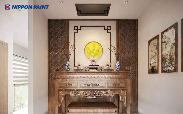 Mẫu 4: Không gian thờ màu be sáng sủa, tinh tế và dễ phối hợp với các chi tiết trang trí