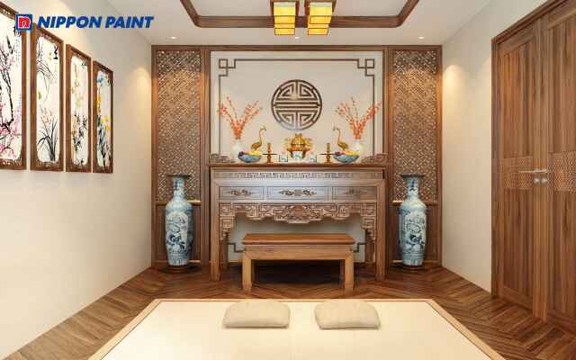 Mẫu 3: Phòng thờ màu be hài hòa với nội thất gỗ tối màu, tạo cảm giác ấm áp và trang nghiêm