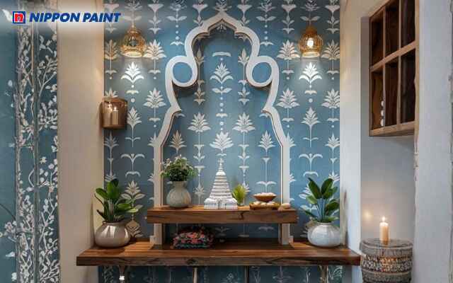 Mẫu 8: Không gian thờ màu xanh lam nhạt yên bình, tinh tế và thanh tịnh