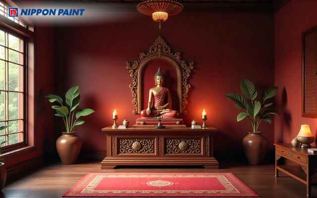 Mẫu 17: Phòng thờ màu đỏ đô trang nghiêm, cân bằng với nội thất gỗ tối màu và chi tiết vàng đồng