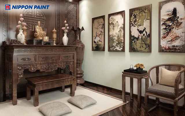 Mẫu 16: Không gian thờ màu nâu gỗ trang nghiêm, gần gũi và tĩnh lặng