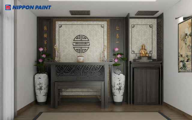 Mẫu 10: Không gian thờ màu xám nhạt tĩnh lặng, hài hòa với ánh sáng ấm và nội thất gỗ