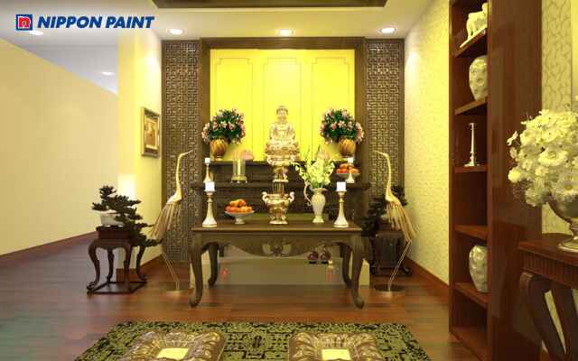 Mẫu 6: Không gian phòng thờ màu vàng nhạt ấm áp, thanh lịch và gần gũi