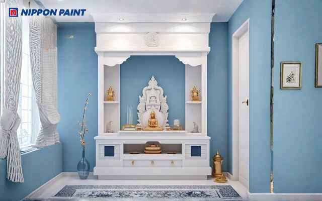 Mẫu 7: Phòng thờ màu xanh lam nhạt nhẹ nhàng, thư thái, hài hòa với nội thất gỗ sáng màu