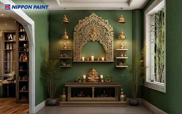 Mẫu 13: Phòng thờ màu xanh rêu yên bình, kết hợp nội thất gỗ và chi tiết trang trí mộc mạc