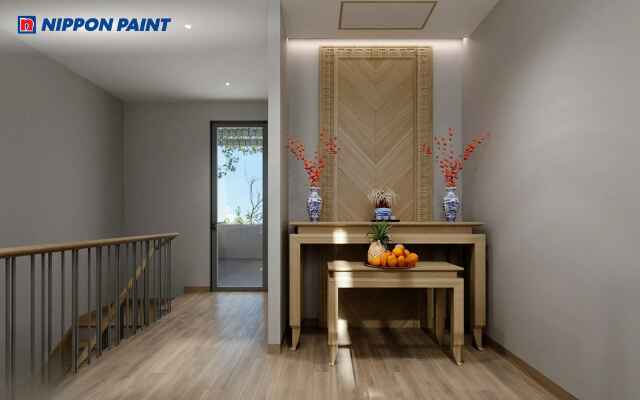 Mẫu 9: Phòng thờ màu xám nhạt hiện đại, trang trọng, kết hợp nội thất gỗ tối màu tạo chiều sâu