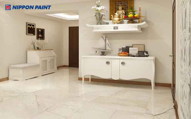 Mẫu 1: Phòng thờ màu trắng ngà kết hợp nội thất gỗ và ánh sáng vàng nhẹ tạo không gian thanh tịnh