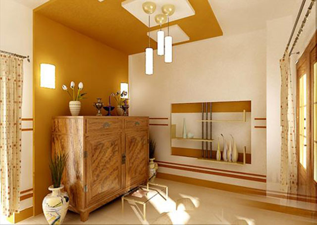 Phòng thờ phối màu be, vàng đậm, kẻ sọc màu nâu cam mang vẻ đẹp tươi sáng, hiện đại, trẻ trung 