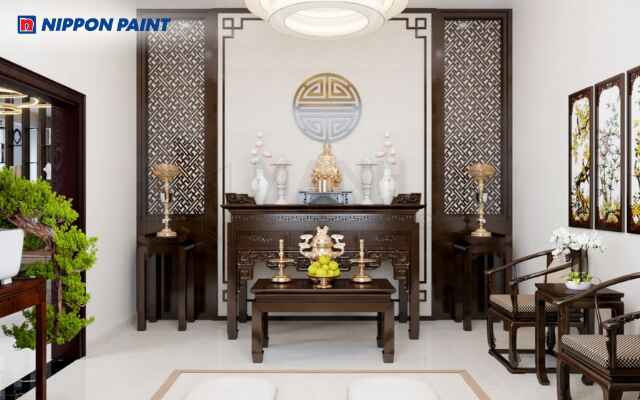 Mẫu 2: Không gian phòng thờ màu trắng ngà thanh lịch, rộng rãi, hài hòa với các chi tiết trang trí