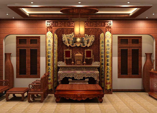 Kết hợp giữa màu nâu be và màu nâu gỗ giúp phòng thờ mang vẻ đẹp cổ kính, trầm lắng